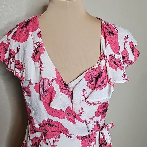 Free People XS French Quarter Pink Floral Wrap Ruffle Mini Dress - Picture 3 of 8